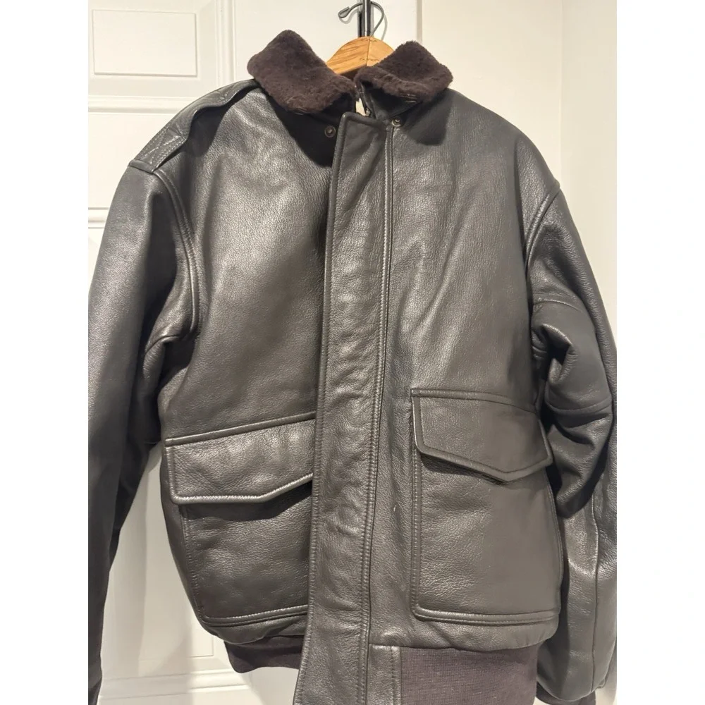 Vintage LL Bean Goat Skin Leather Bomber Jacket Mens L Black Sherpa Lined